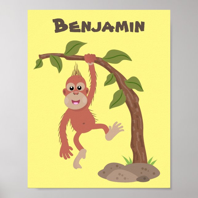Cute happy baby orangutan cartoon illustration poster (Front)