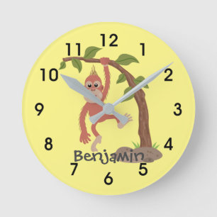 Cute happy baby orangutan cartoon illustration round clock