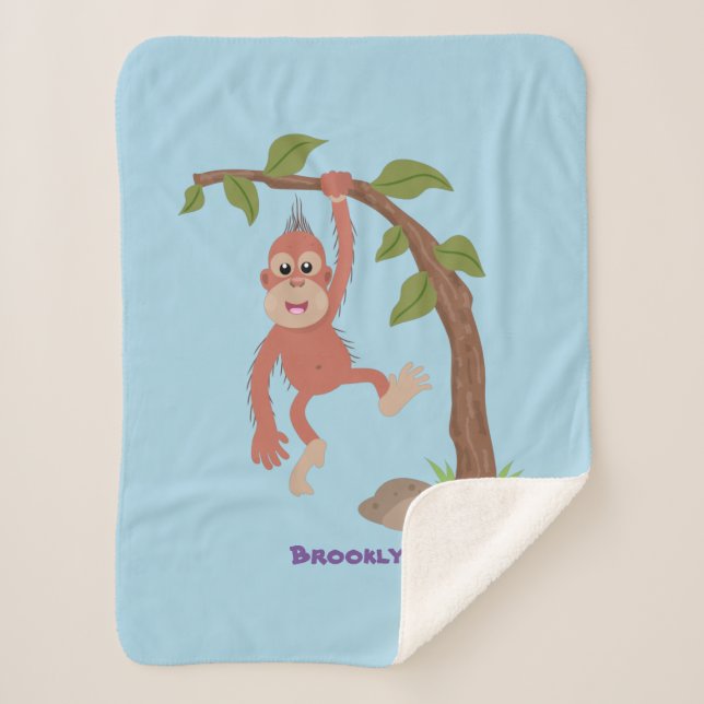 Cute happy baby orangutan cartoon illustration sherpa blanket (Front)