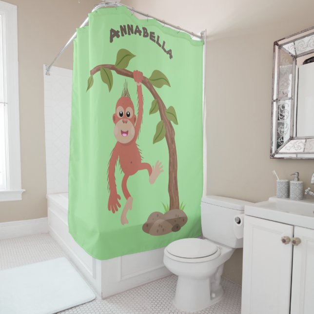 Cute happy baby orangutan cartoon illustration shower curtain (In Situ)