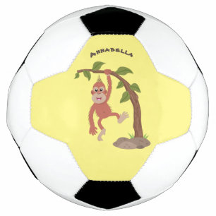 Cute happy baby orangutan cartoon illustration soccer ball