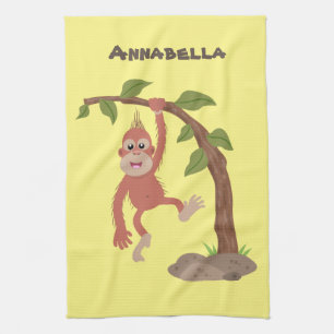 Cute happy baby orangutan cartoon illustration tea towel