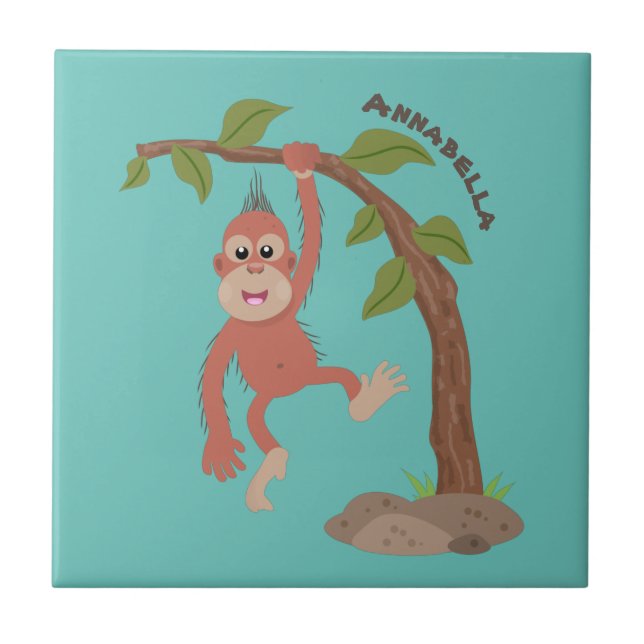 Cute happy baby orangutan cartoon illustration tile (Front)