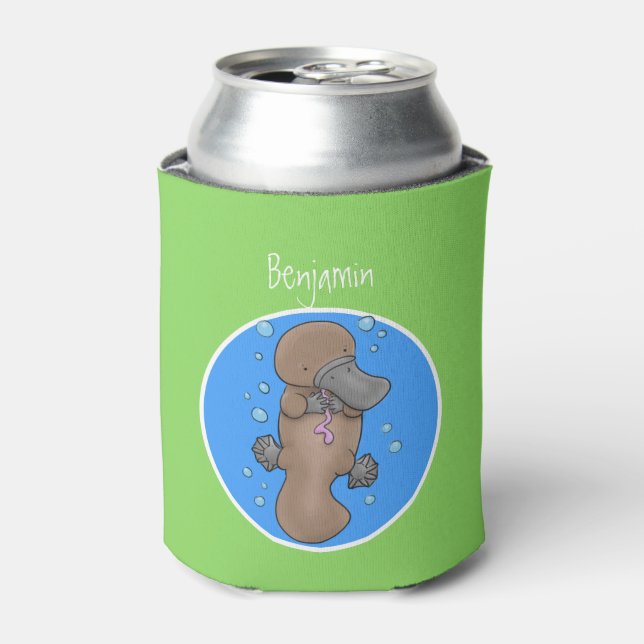 Cute happy baby platypus cartoon illustration can cooler (Can Front)
