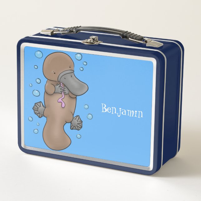 Cute happy baby platypus cartoon illustration metal lunch box (Front)