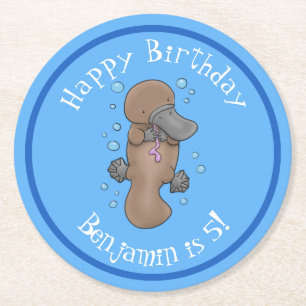 Cute happy baby platypus cartoon illustration round paper coaster