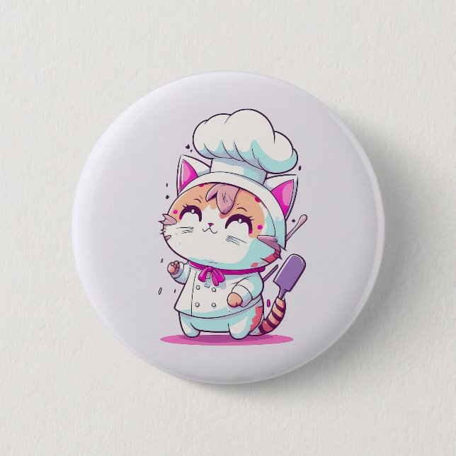 Cute Happy Baker Pastry Chef Cat Kitten | 6 Cm Round Badge (Front)