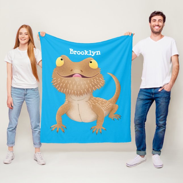 Cute happy bearded dragon lizard cartoon fleece blanket (In Situ)