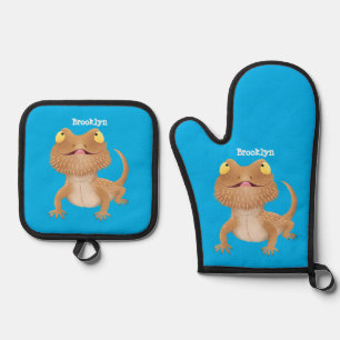 Cute happy bearded dragon lizard cartoon oven mitt & pot holder set