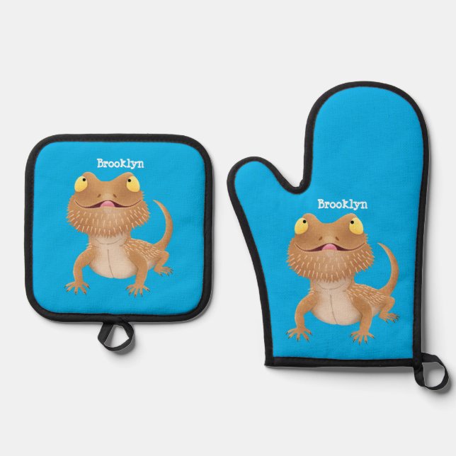 Cute happy bearded dragon lizard cartoon oven mitt & pot holder set (Front)