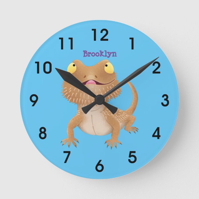 Cute happy bearded dragon lizard cartoon round clock (Front)