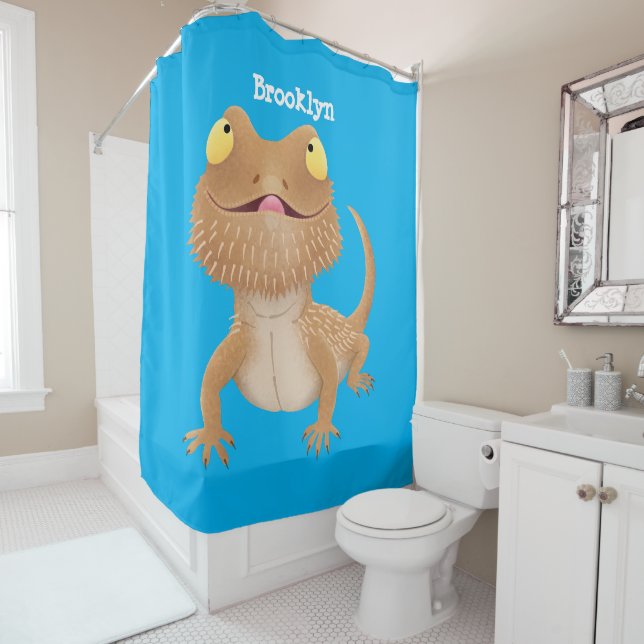 Cute happy bearded dragon lizard cartoon shower curtain (In Situ)