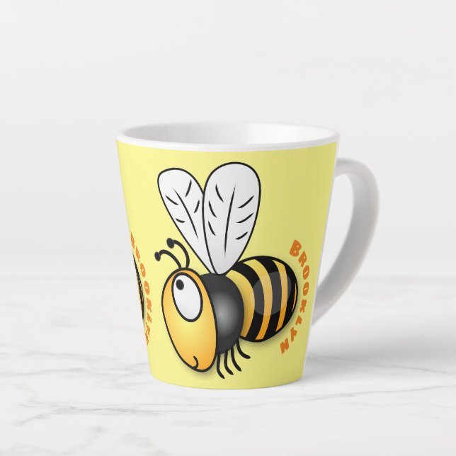 Cute happy bee cartoon illustration latte mug (Right Angle)