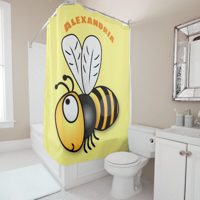 Cute happy bee cartoon illustration shower curtain (In Situ)