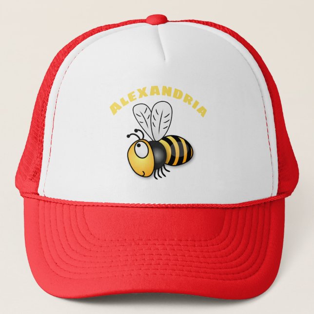 Cute happy bee cartoon illustration trucker hat (Front)