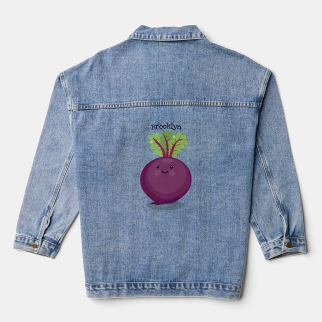 Cute happy beet root kitchen cartoon illustration denim jacket (Back)