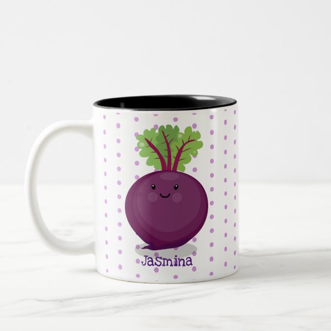 Cute happy beet root kitchen cartoon illustration Two-Tone coffee mug (Left)