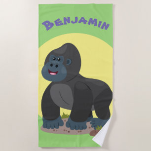 Cute happy big gorilla cartoon illustration beach towel