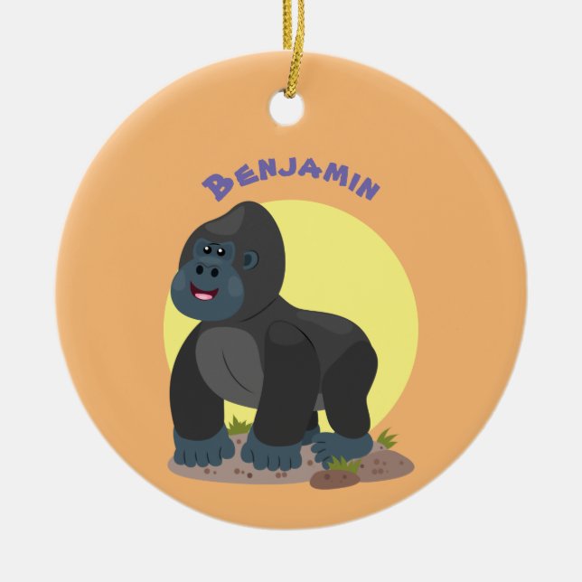 Cute happy big gorilla cartoon illustration ceramic tree decoration (Front)