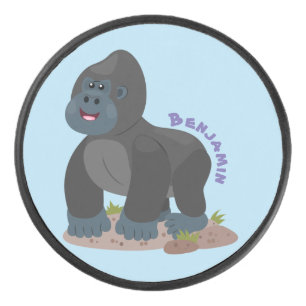 Cute happy big gorilla cartoon illustration hockey puck