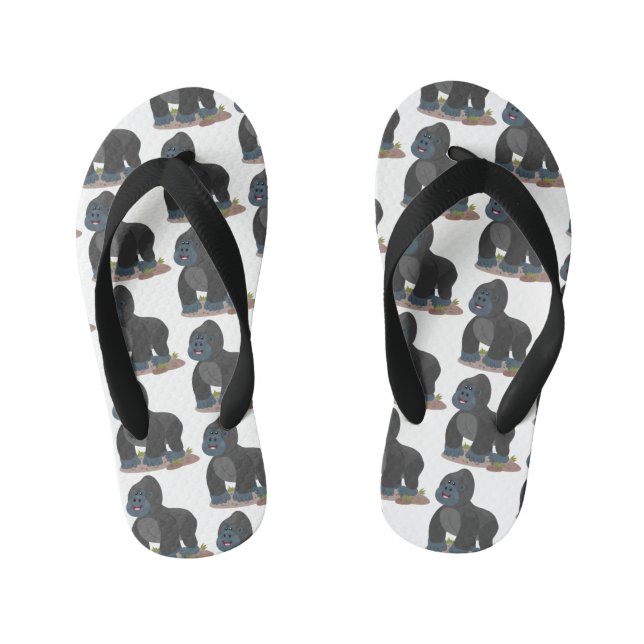Cute happy big gorilla cartoon illustration kid's jandals (Footbed)
