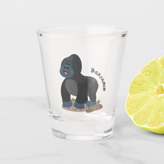 Cute happy big gorilla cartoon illustration  shot glass (Front)