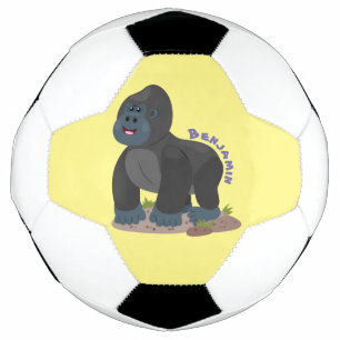 Cute happy big gorilla cartoon illustration soccer ball