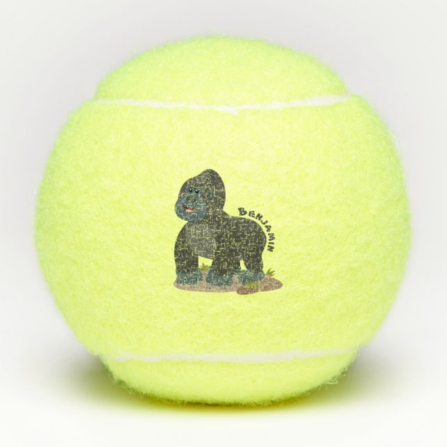 Cute happy big gorilla cartoon illustration tennis balls (Front)