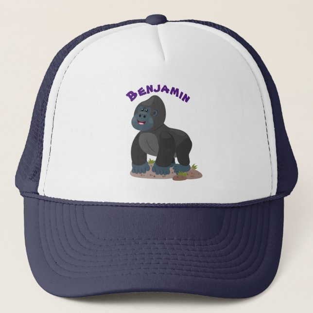 Cute happy big gorilla cartoon illustration trucker hat (Front)