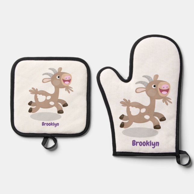 Cute happy billy goat cartoon  oven mitt & pot holder set (Front)