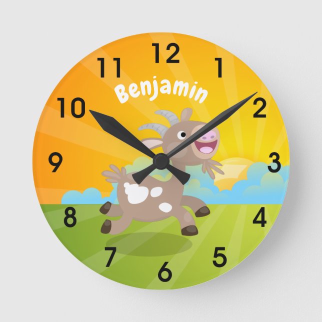 Cute happy billy goat cartoon round clock (Front)