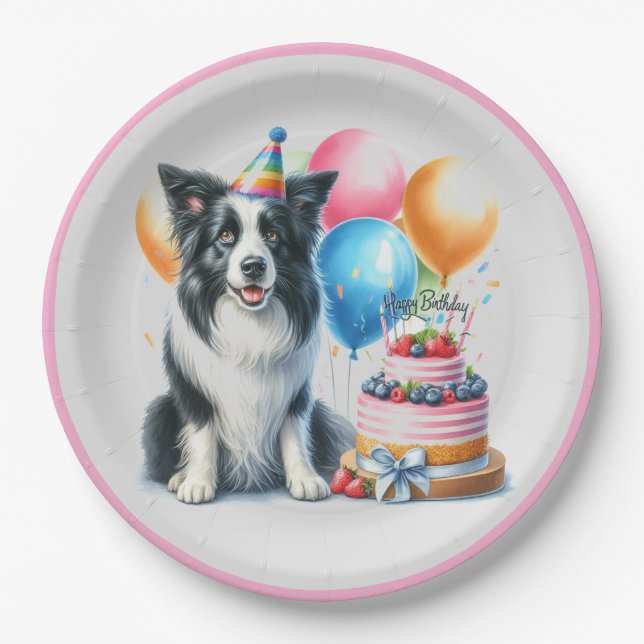Cute Happy Birthday Border Collie Party Paper Plate (Front)