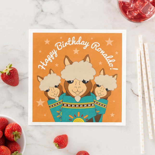 Cute Happy Birthday Boy Alpacas in Teal Serapes Napkin (Insitu)