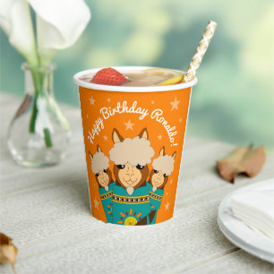 Cute Happy Birthday Boy Alpacas in Teal Serapes Paper Cups