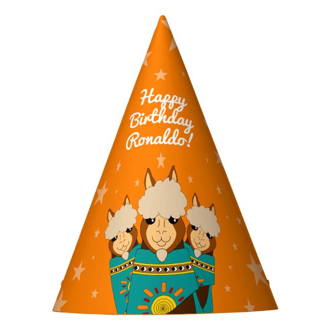 Cute Happy Birthday Boy Alpacas in Teal Serapes Party Hat (Front)