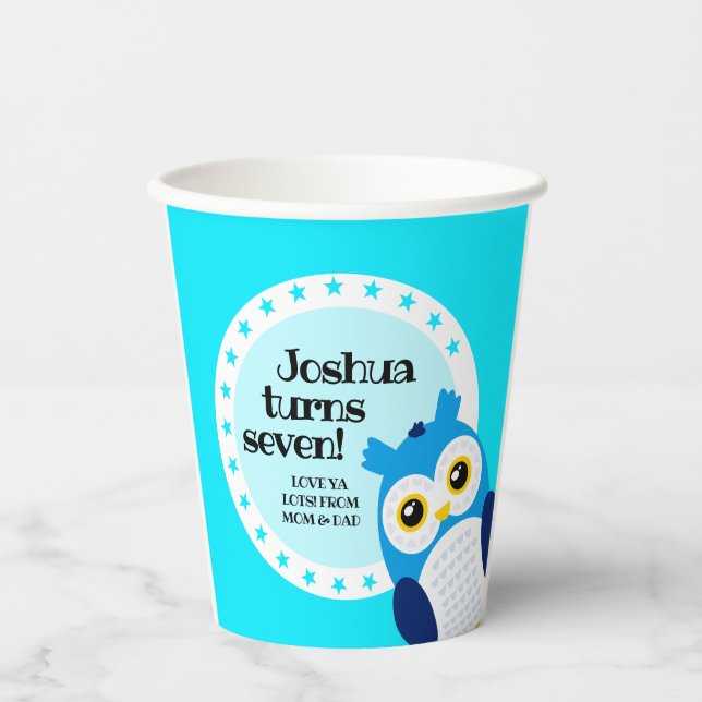 Cute Happy Birthday Boy Blue Owl Paper Cups (Front)