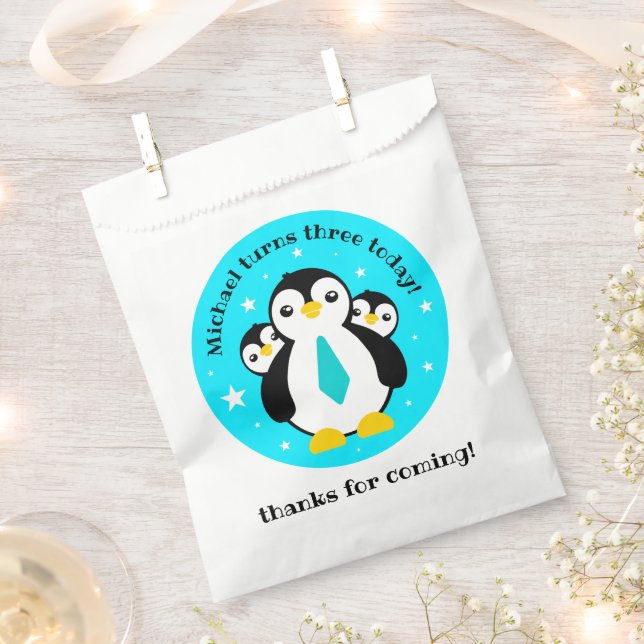 Cute Happy Birthday Boy Penguins Blue Neckties Favour Bags (Clipped)