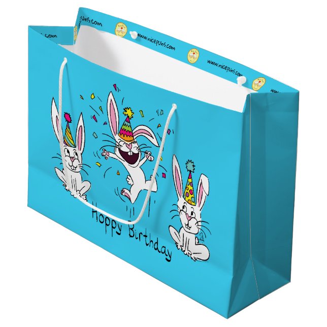 Cute Happy Birthday Bunny Rabbits Kids Large Gift Bag (Front Angled)