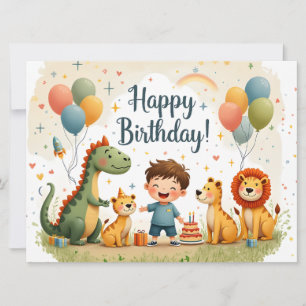 Cute Happy Birthday Card with Animals and Boy