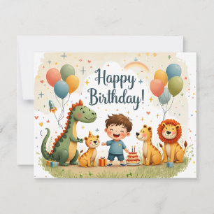 Cute Happy Birthday Card with Animals and Boy