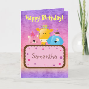 Cute Happy Birthday Giraffe, Dog & Cat Card