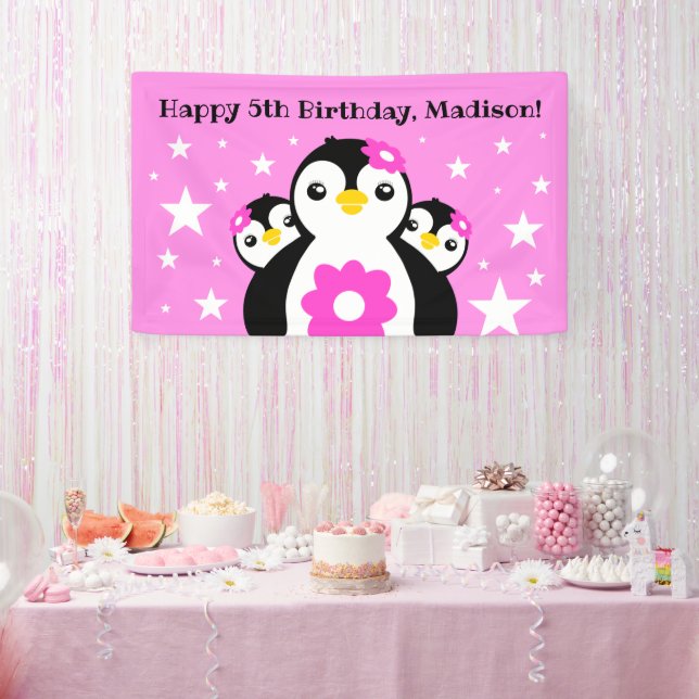 Cute Happy Birthday Girl Penguins Pink Flowers Banner (Party)