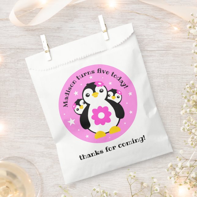 Cute Happy Birthday Girl Penguins Pink Flowers Favour Bags (Clipped)