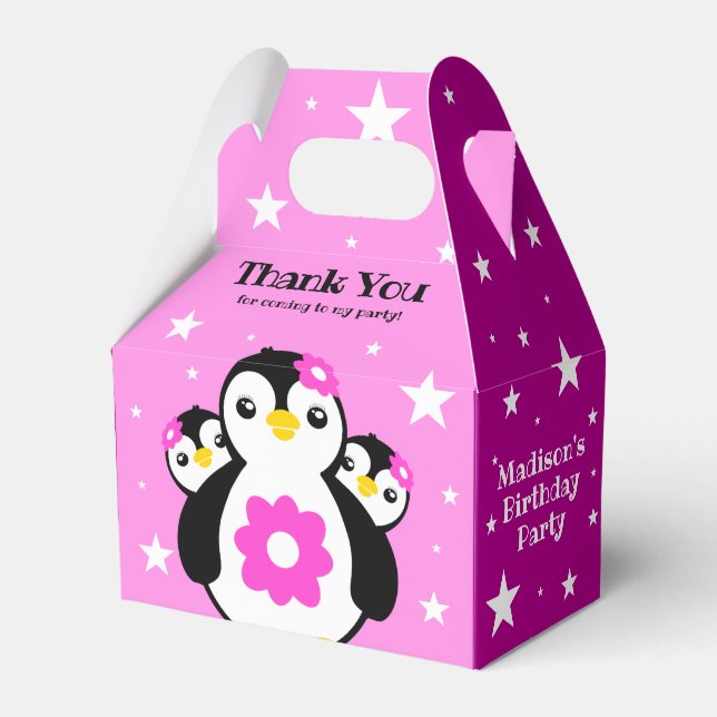 Cute Happy Birthday Girl Penguins Pink Flowers Favour Box (Front Side)