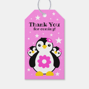 Cute Happy Birthday Girl Penguins Pink Flowers Gift Tags