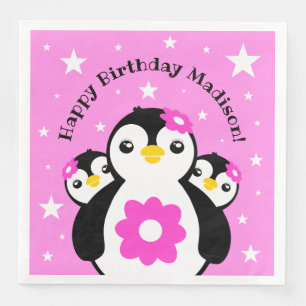 Cute Happy Birthday Girl Penguins Pink Flowers Napkin