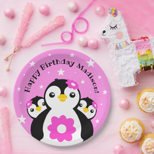 Cute Happy Birthday Girl Penguins Pink Flowers Paper Plate (Party)