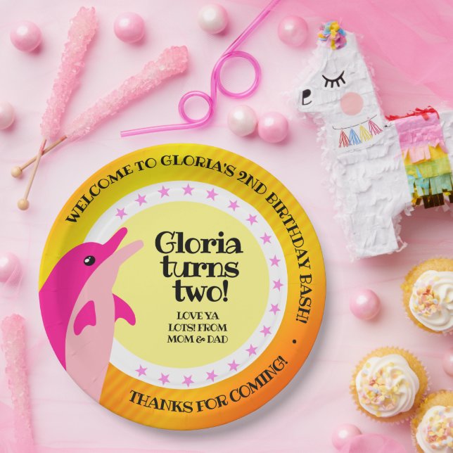 Cute Happy Birthday Girl Pink Dolphin in the Sun Paper Plate (Party)