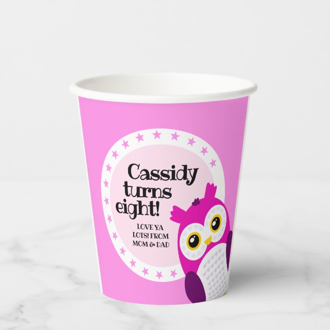 Cute Happy Birthday Girl Pink Owl Paper Cups (Front)