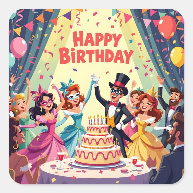 Cute Happy Birthday masquerade theme Square Sticker (Front)